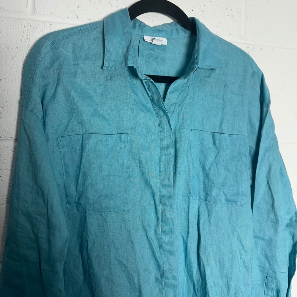 J. Jill Love Linen Teal Blue Button Down Shirt‎ Long Sleeve Womens Small Pocket